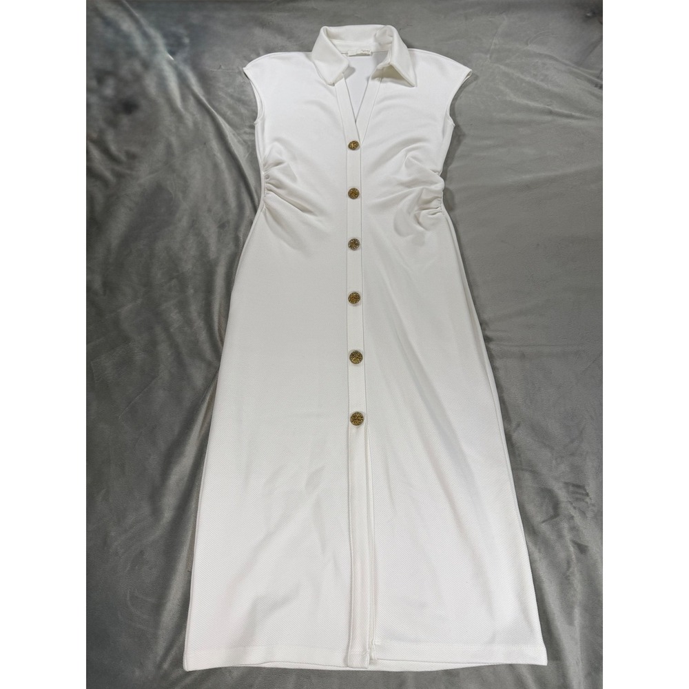 ZARA White Sleeveless Ruched Midi Dress with Gold Buttons Coastal Quiet Luxury S